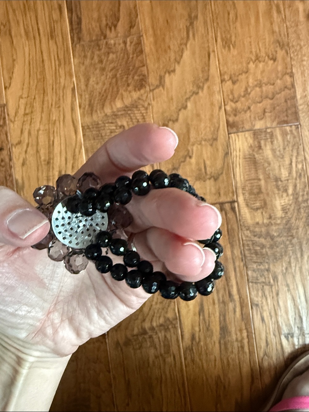 Smoky Gray Crystal Flower Stretch Bracelet with Black Beads - Picture 3 of 4